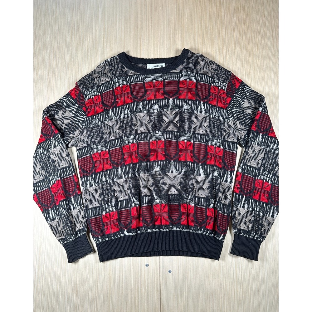 Vintage Jantzen‎ Sweater Mens Large Multicolor Geometric Tight Knit Crew Neck